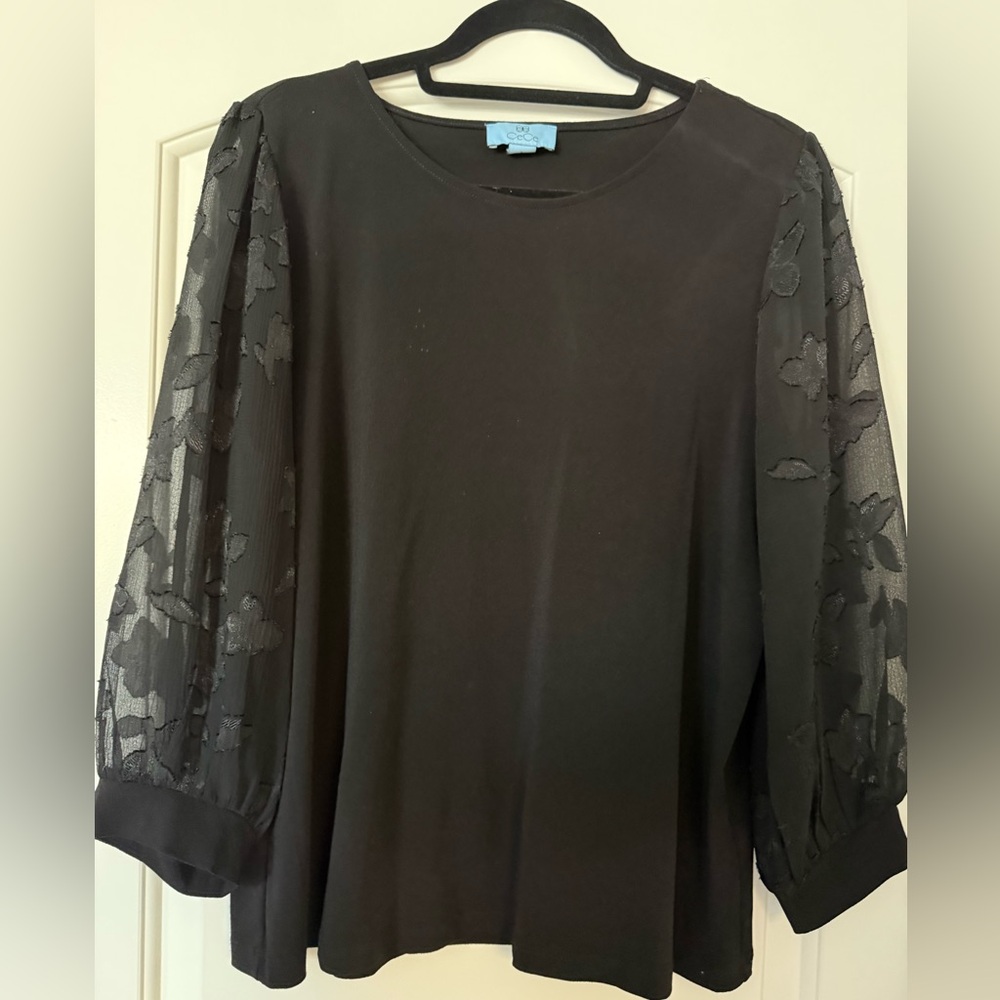 CeCe Black Floral Sheer Sleeve Blouse - Picture 4 of 7
